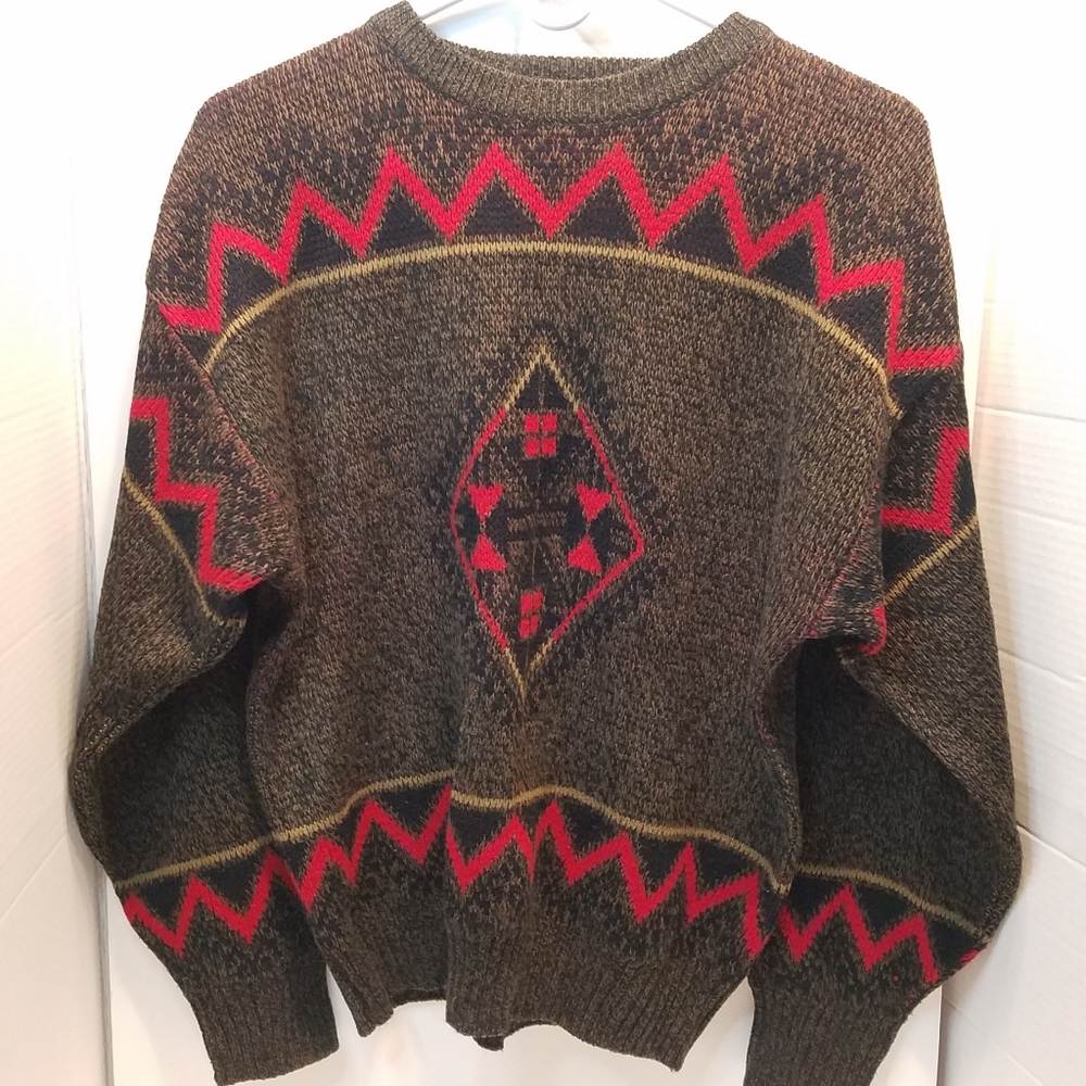 Bonjour International Vintage Brown Red Gold Geometric Ski Sweater